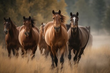 Group of horses galloping across a beautiful meadow Generative AI