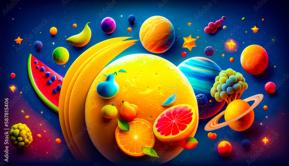 Poster an image of space scene with fruits and planets. generative ai