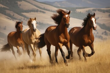 Obraz premium Group of horses galloping across a beautiful meadow Generative AI