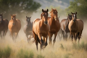 Fototapeta premium Group of horses galloping across a beautiful meadow Generative AI