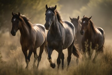 Fototapeta premium Group of horses galloping across a beautiful meadow Generative AI