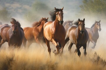 Fototapeta na wymiar Group of horses galloping across a beautiful meadow Generative AI