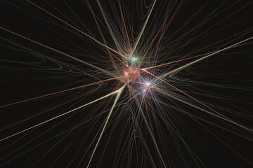 Obraz premium Multicolored pattern of crooked rays on a black background. Abstract fractal 3D rendering
