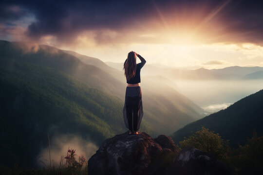 Beautiful fitness woman practice yoga exercises on top of mountain in wonderful place. Relaxing meditation and visualization. Realistic art generated by AI