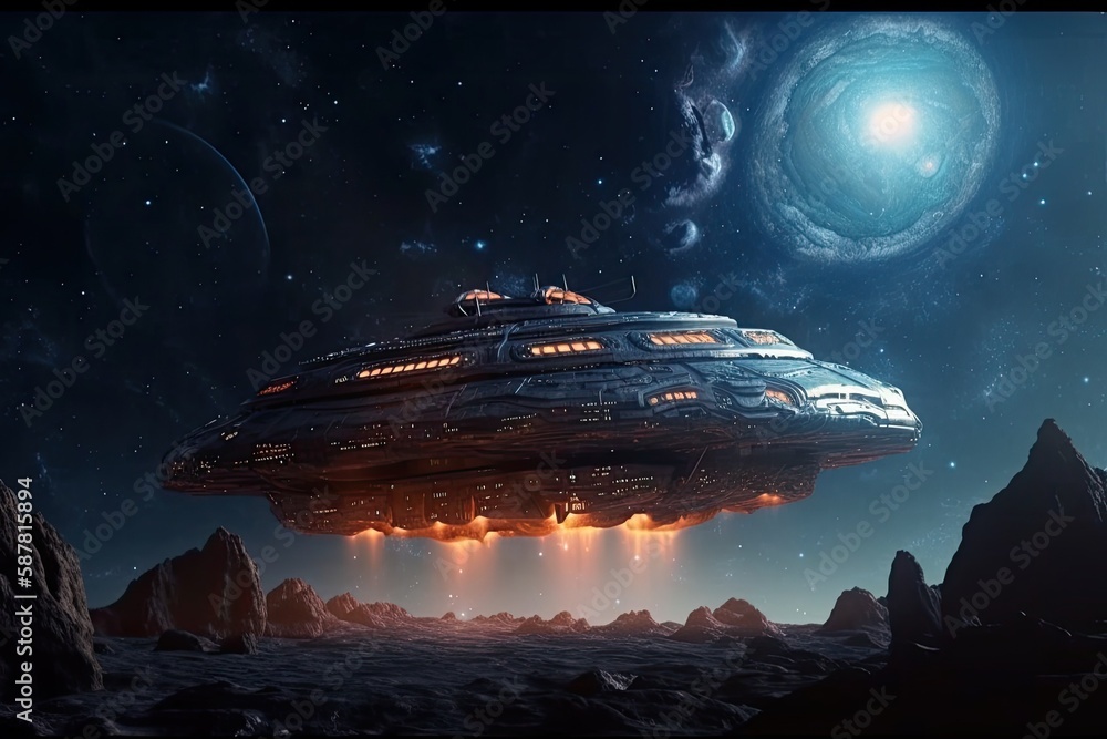 Poster spaceship exploring a colorful and vibrant galaxy. generative ai