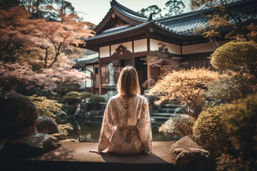 Beautiful woman meditation practice in Japanese garden. Girl in oriental clothes sits in wonderful place, zen relaxation, religion. Creative art generated by AI