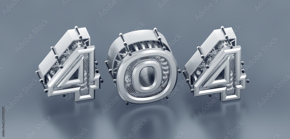 Aufkleber The Error 404 - Page Not Found. Designed in modern steampunk style a row of 3D digits, which are composed into the number 404 on reflective surface. 3D rendering graphics in isometric projection.