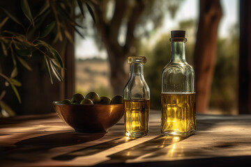 Olive oil on background of olive grove. Generative Ai.