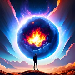 a man standing and looking at the huge fire portal floating in the sky, digital art style, illustration painting