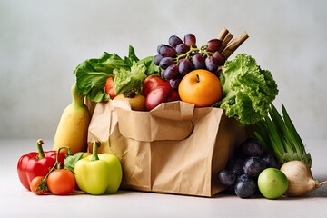 Paper bag with assortment of fresh organic fruits. Generative Ai.