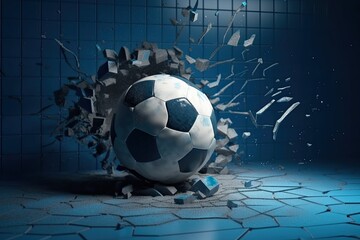soccer ball breaking through a tiled wall. Generative AI