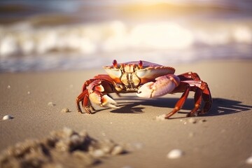 Fototapeta na wymiar Crab on the beach at sunset Closeup Selective focus Generative AI