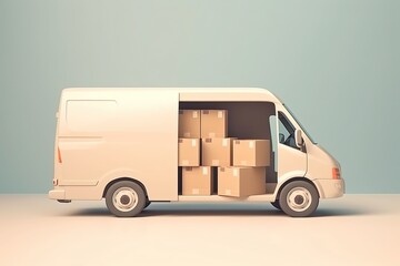 Delivery van with cardboard boxes on gray background Generative AI
