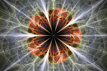 Orange green floral pattern of crooked waves on a black background. Abstract fractal 3D rendering
