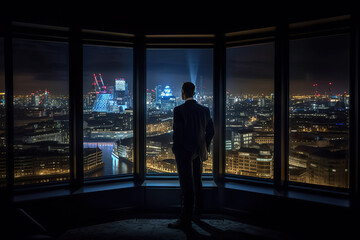 Fototapeta premium Businessman looking at city through window. Generative Ai.