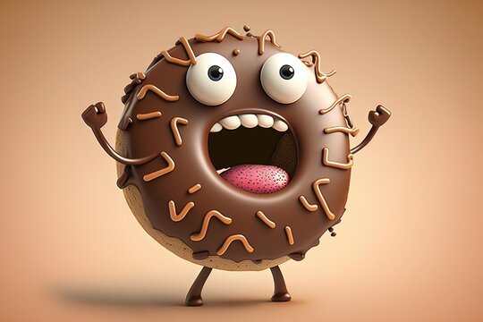 A cartoon character with a chocolate donut with a mouth open and a mouth wide open. Generative AI