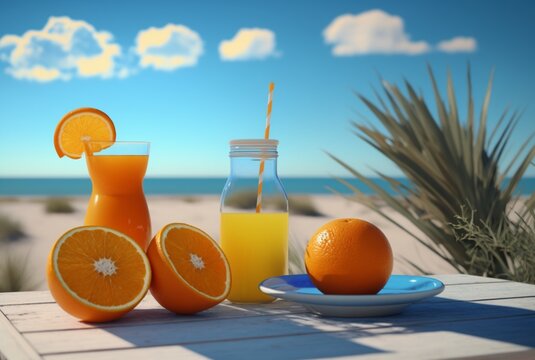 orange juice with fruit on wooden table with beach and hot sun as background. summer photo concept. generative AI