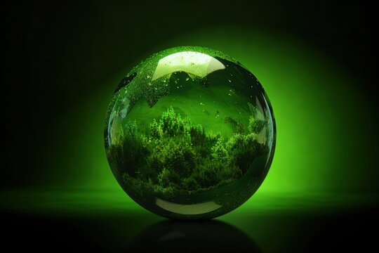 A green glass ball with a forest inside. Generative AI