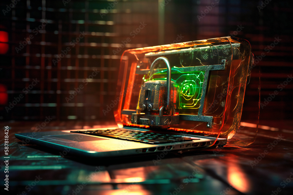 Aufkleber a laptop secured by a padlock, representing password and biometric scanning to ensure safety and acc