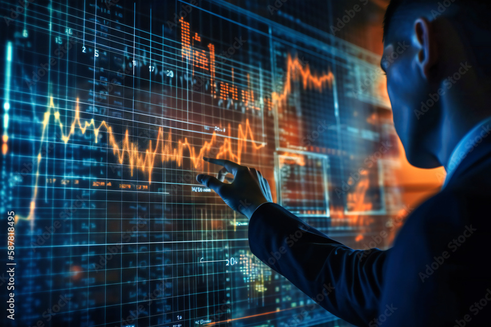 Aufkleber a businessman analyzing financial and investment data with a growth graph on the virtual interface