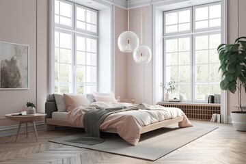 luxurious bedroom with a king-size bed and natural lighting from two large windows. Generative AI