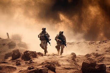 United States Marine Corps soldiers in full gear moving through the desert during a battle. Selective focus. Generative AI