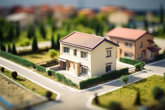 Miniature model of a house on the background of the city. Generative AI