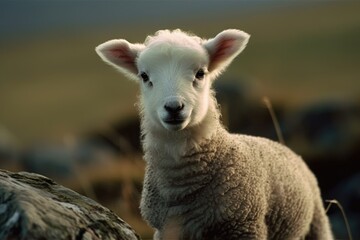 cute baby lamb standing proudly next to a rocky landscape. Generative AI