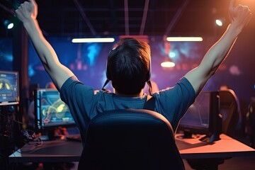 Rear view of a young gamer sitting in front of a computer monitor and celebrating victory. Generative AI