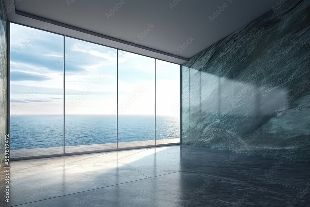 Poster room with a panoramic view of the sea from a large window. generative ai