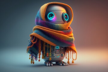 Cinematic Shot of Award-Winning Cute Robot With Diamond Necklace Wearing Cashmere and Silk - Detailed in 8K by Marcin Nagraba and Rebecca Mille, Generative AI - obrazy, fototapety, plakaty