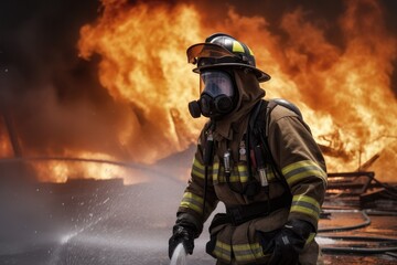 Firefighter battling a blaze with water. The image conveys a sense of courage, bravery, and the importance of public safety Generative AI