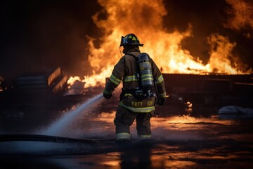 Firefighter battling a blaze with water. The image conveys a sense of courage, bravery, and the importance of public safety Generative AI