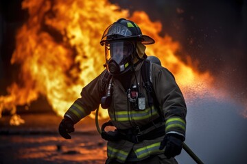 Naklejka premium Firefighter battling a blaze with water. The image conveys a sense of courage, bravery, and the importance of public safety Generative AI