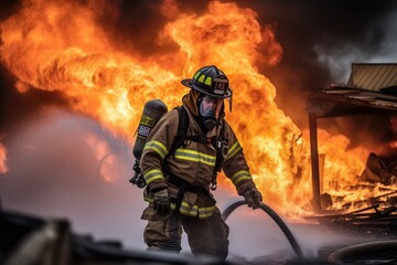 Naklejka premium Firefighter battling a blaze with water. The image conveys a sense of courage, bravery, and the importance of public safety Generative AI