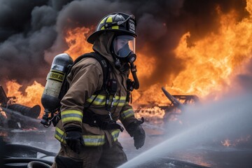Fototapeta premium Firefighter battling a blaze with water. The image conveys a sense of courage, bravery, and the importance of public safety Generative AI