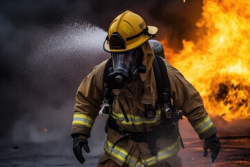 Naklejka premium Firefighter battling a blaze with water. The image conveys a sense of courage, bravery, and the importance of public safety Generative AI