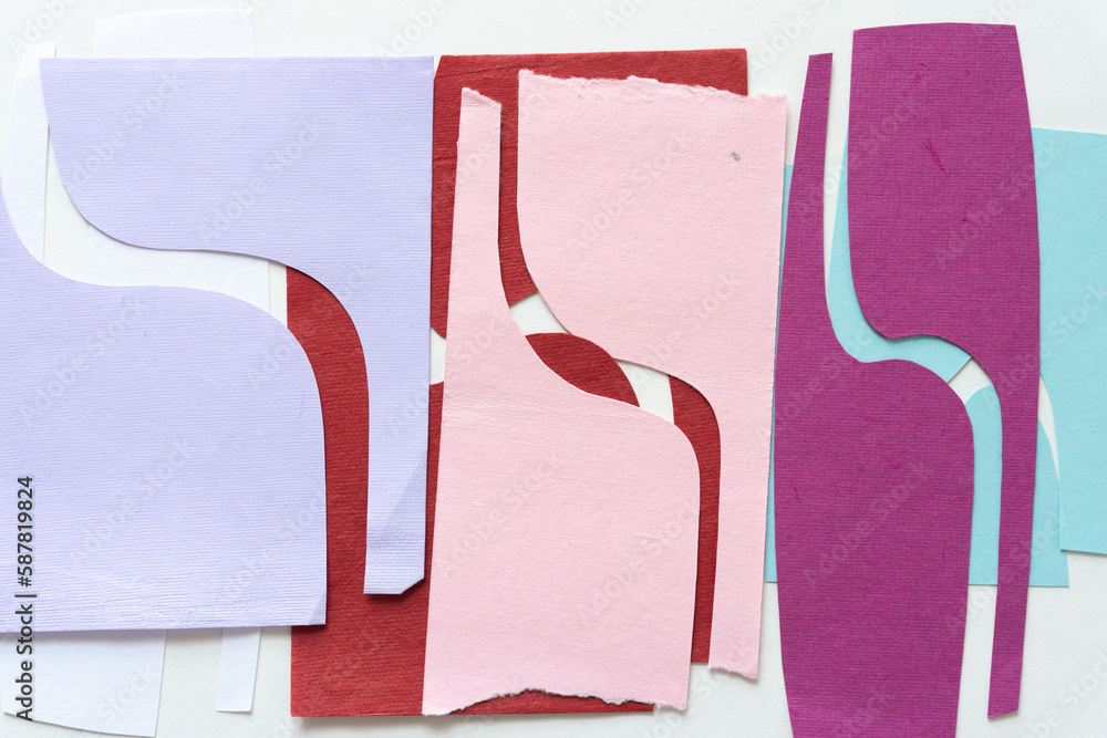 Canvas Prints layered mauve, pink, violet and blue cut paper shapes with distinct wavy forms on blank paper