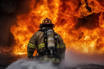 Firefighter battling a blaze with water. The image conveys a sense of courage, bravery, and the importance of public safety Generative AI