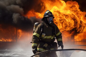 Naklejka premium Firefighter battling a blaze with water. The image conveys a sense of courage, bravery, and the importance of public safety Generative AI