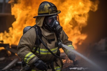 Naklejka premium Firefighter battling a blaze with water. The image conveys a sense of courage, bravery, and the importance of public safety Generative AI