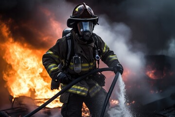Firefighter battling a blaze with water. The image conveys a sense of courage, bravery, and the importance of public safety Generative AI