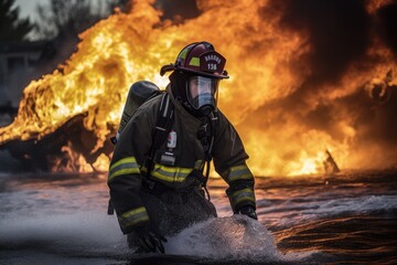 Naklejka premium Firefighter battling a blaze with water. The image conveys a sense of courage, bravery, and the importance of public safety Generative AI