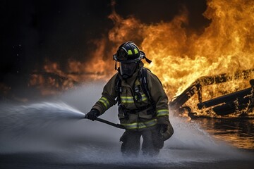 Fototapeta premium Firefighter battling a blaze with water. The image conveys a sense of courage, bravery, and the importance of public safety Generative AI