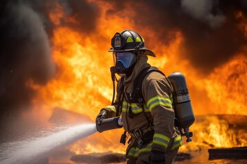 Firefighter battling a blaze with water. The image conveys a sense of courage, bravery, and the importance of public safety Generative AI