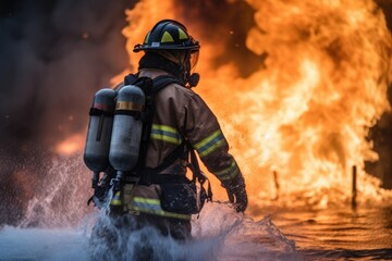 Fototapeta premium Firefighter battling a blaze with water. The image conveys a sense of courage, bravery, and the importance of public safety Generative AI