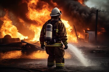 Naklejka premium Firefighter battling a blaze with water. The image conveys a sense of courage, bravery, and the importance of public safety Generative AI