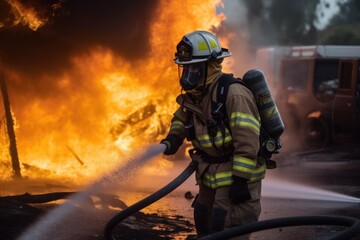 Firefighter battling a blaze with water. The image conveys a sense of courage, bravery, and the importance of public safety Generative AI