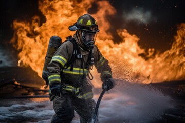 Naklejka premium Firefighter battling a blaze with water. The image conveys a sense of courage, bravery, and the importance of public safety Generative AI