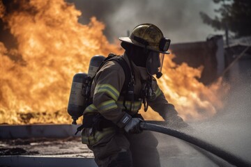 Firefighter battling a blaze with water. The image conveys a sense of courage, bravery, and the importance of public safety Generative AI